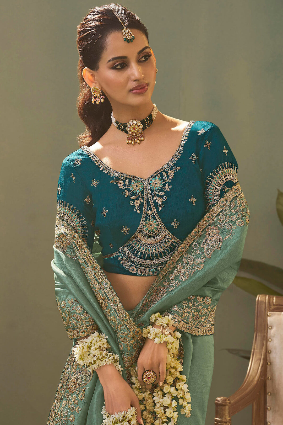 Mist Green Embroidery saree with Designer Embroidery Blouse