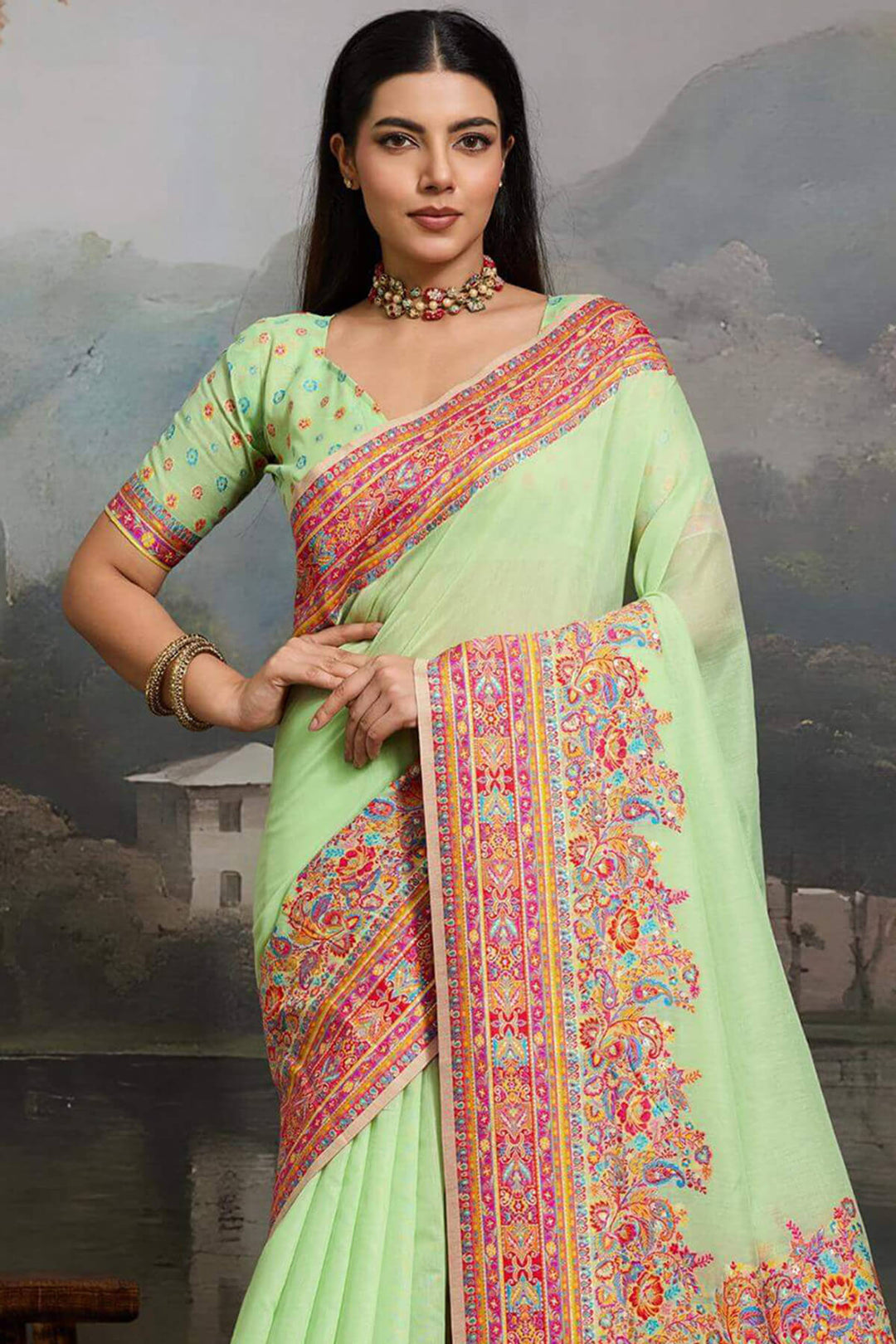 Mist Green Kashmiri Modal Pashmina Silk Saree