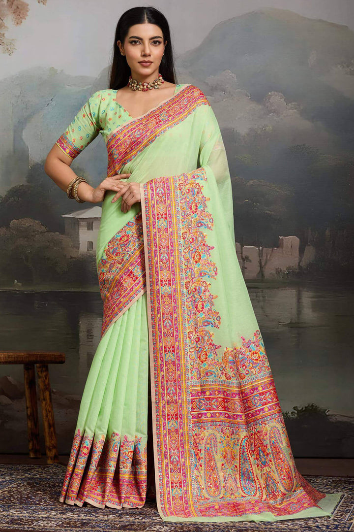 Mist Green Kashmiri Modal Pashmina Silk Saree