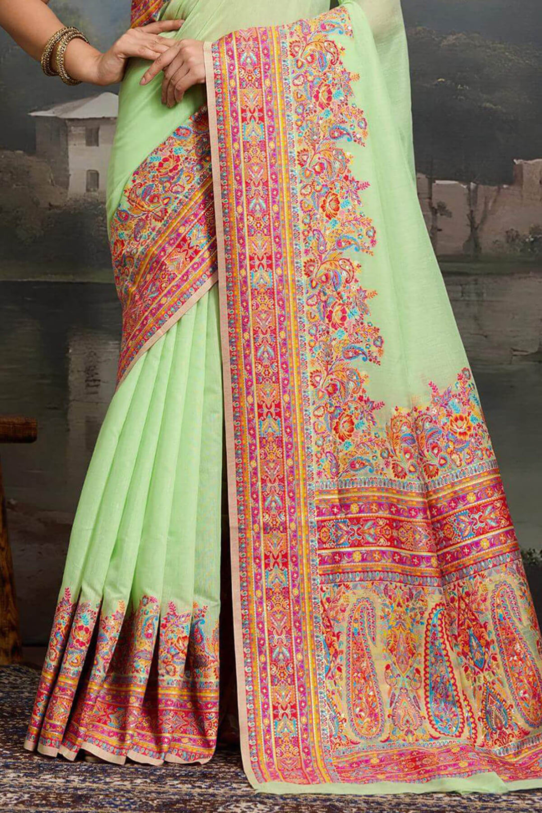 Mist Green Kashmiri Modal Pashmina Silk Saree