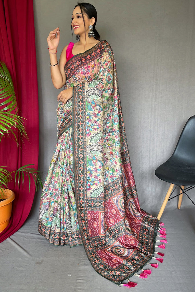 Mocha Beige Kalamkari Printed Cotton Saree