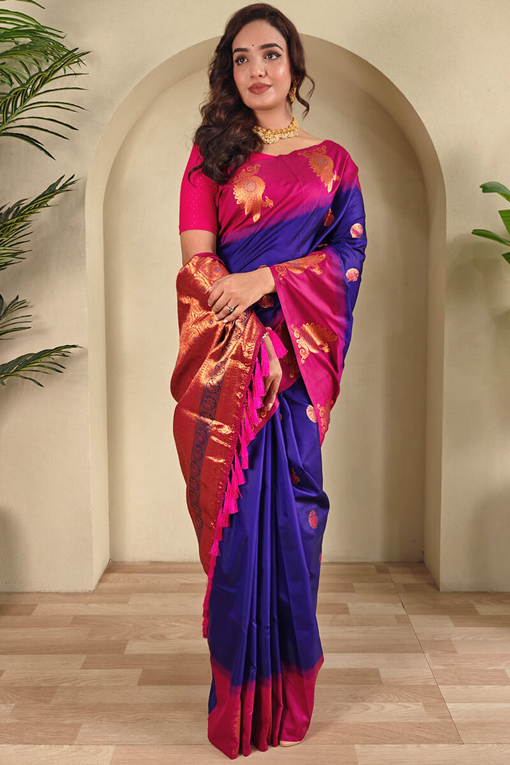 Monster Blue Soft Banarasi Silk Saree With Chaap Border