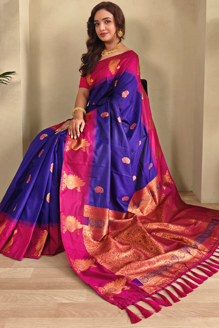 Monster Blue Soft Banarasi Silk Saree With Chaap Border