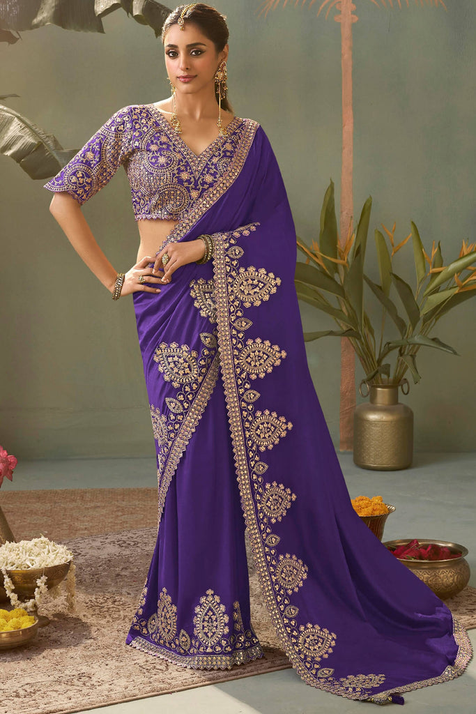 Monster Purple Gota Patti Embroidery Work Saree With Designer Blouse Piece