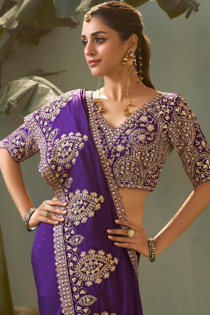 Monster Purple Gota Patti Embroidery Work Saree With Designer Blouse Piece