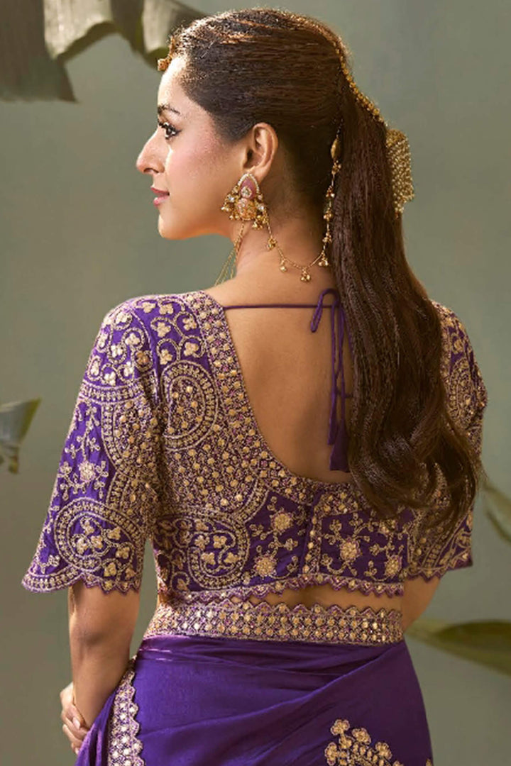 Monster Purple Gota Patti Embroidery Work Saree With Designer Blouse Piece