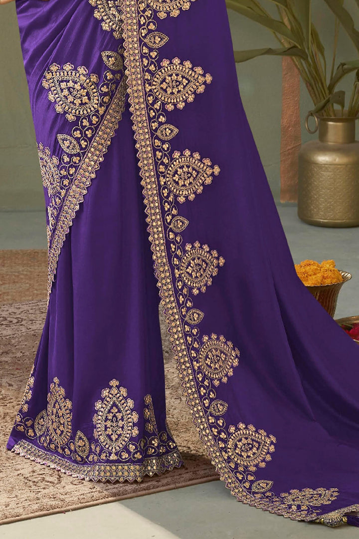 Monster Purple Gota Patti Embroidery Work Saree With Designer Blouse Piece