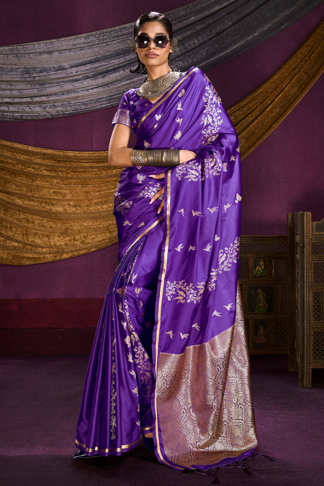Monster Purple Zari Woven Banarasi Satin Silk Saree