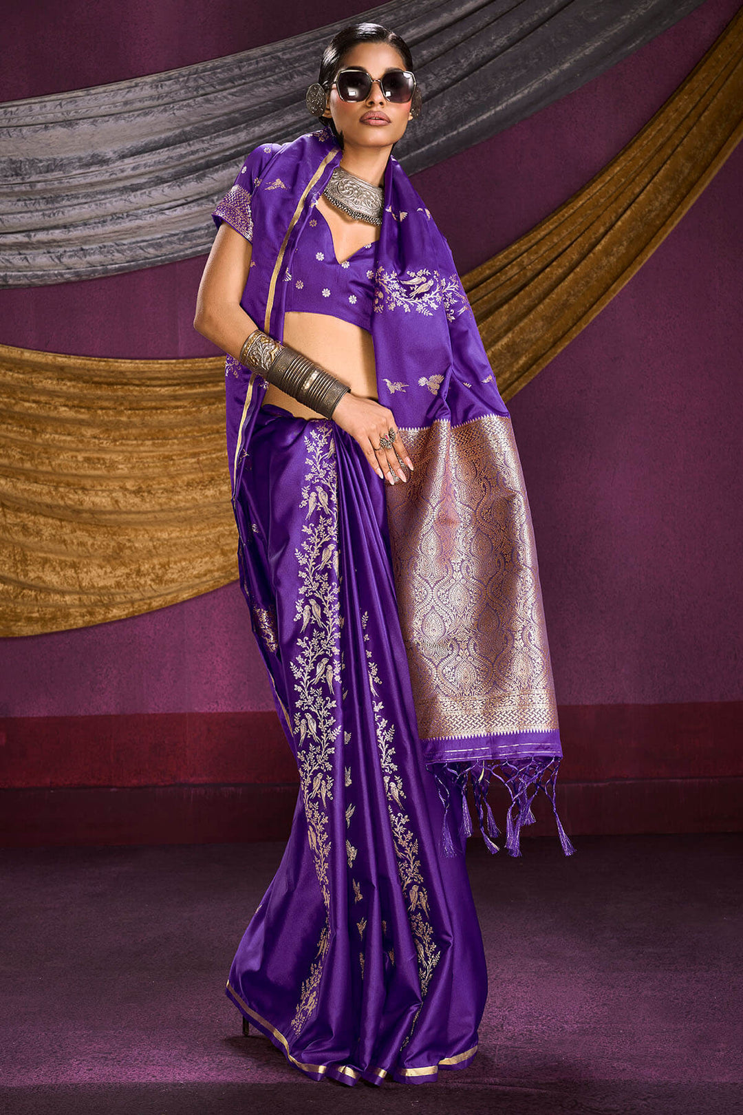 Monster Purple Zari Woven Banarasi Satin Silk Saree
