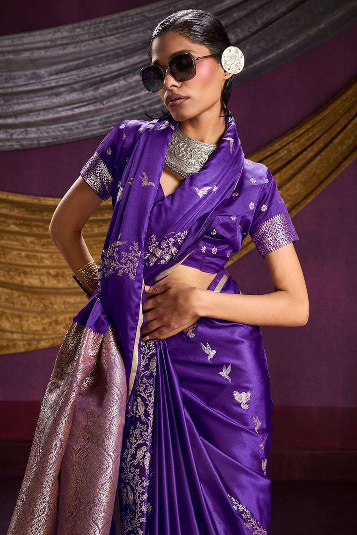 Monster Purple Zari Woven Banarasi Satin Silk Saree