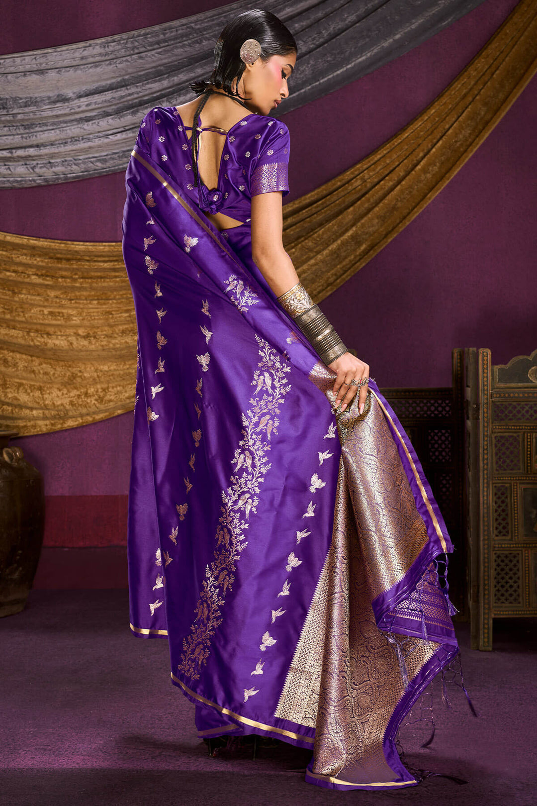 Monster Purple Zari Woven Banarasi Satin Silk Saree