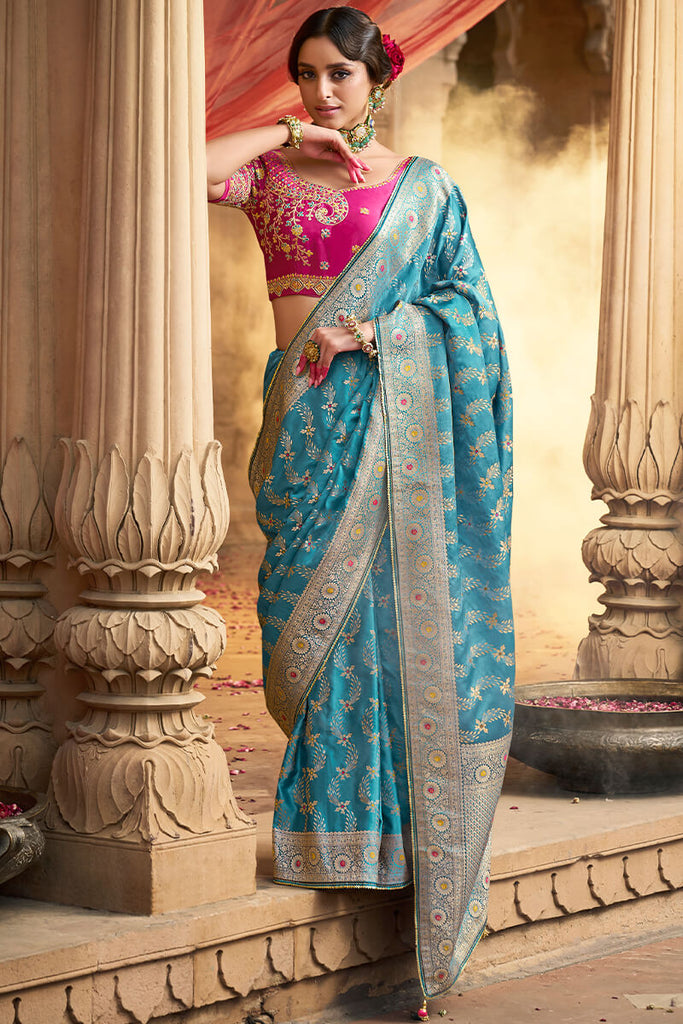 Moonstone Blue Banarasi Satin Silk Saree with Embroidery Blouse