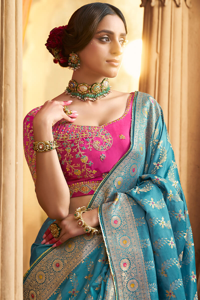 Moonstone Blue Banarasi Satin Silk Saree with Embroidery Blouse