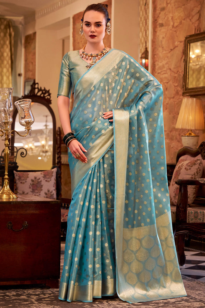 Moonstone Blue Banarasi Tissue Silk Saree