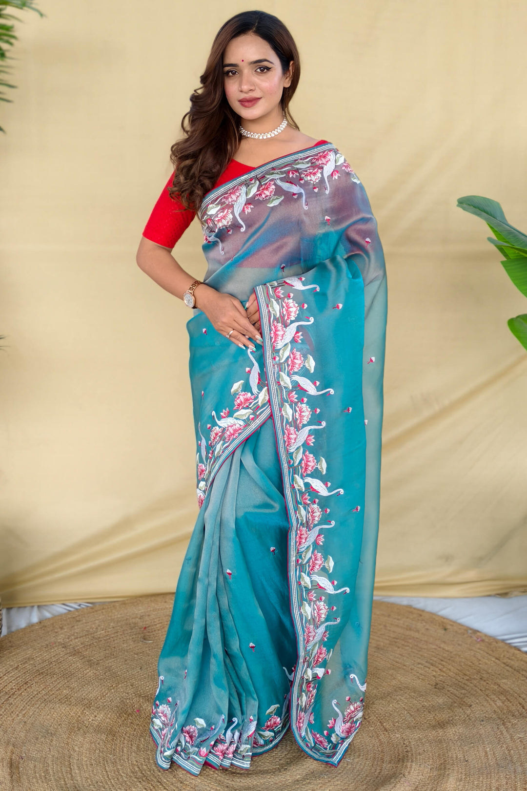 Moonstone Blue Embroiedery Work Two Tone Silk Saree