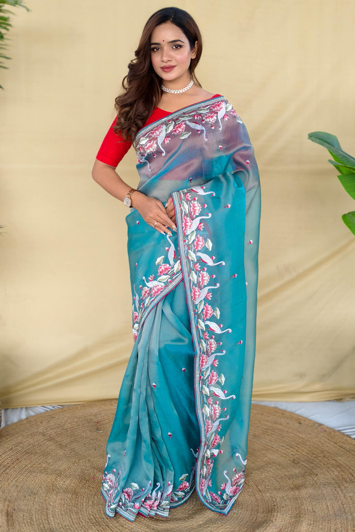 Moonstone Blue Embroiedery Work Two Tone Silk Saree