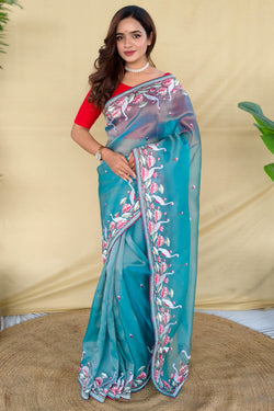 Moonstone Blue Embroiedery Work Two Tone Silk Saree