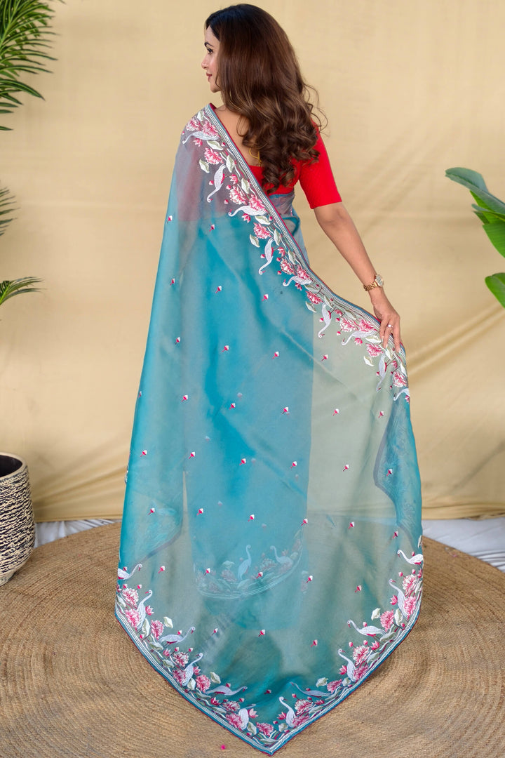 Moonstone Blue Embroiedery Work Two Tone Silk Saree