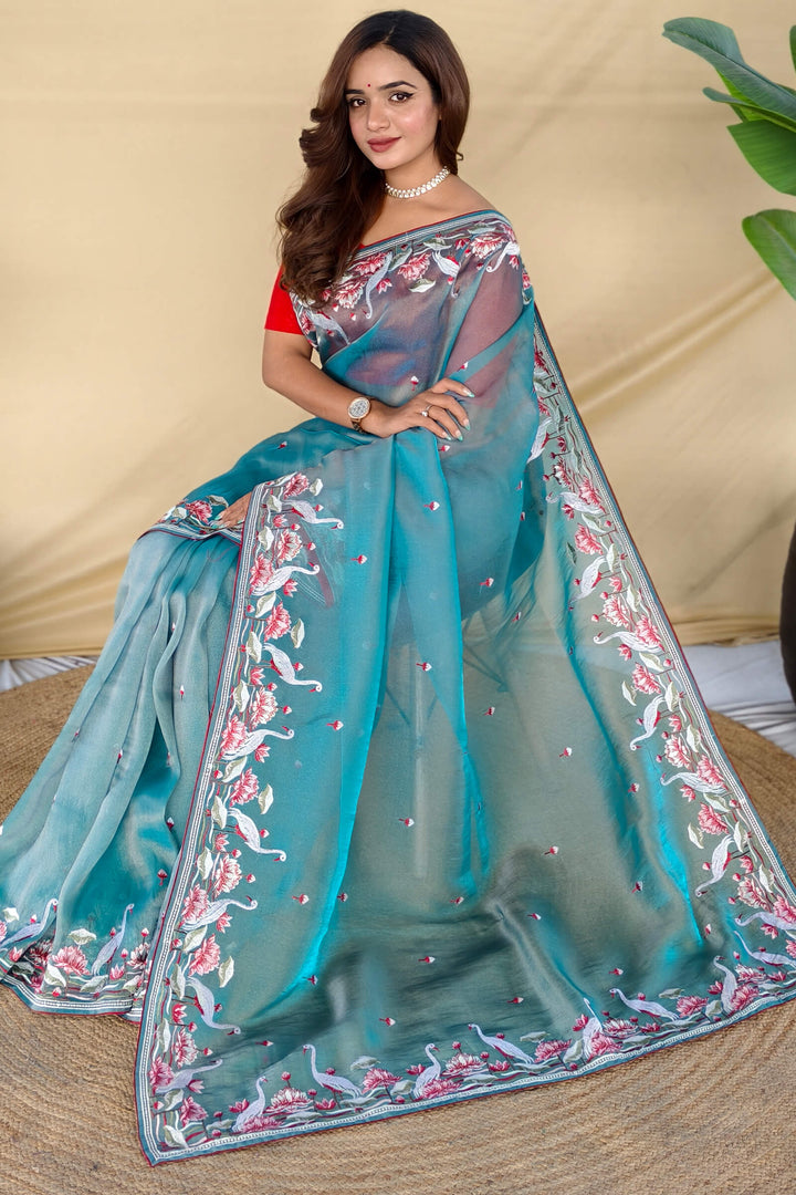 Moonstone Blue Embroiedery Work Two Tone Silk Saree