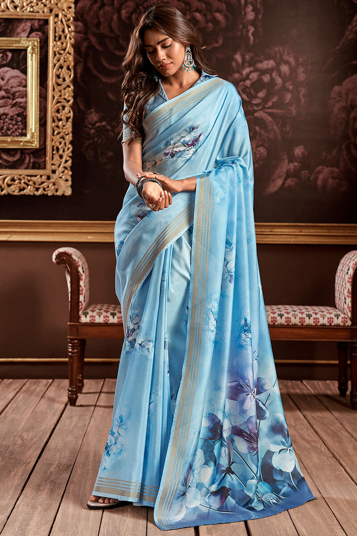 Moonstone Blue Floral Printed Silk Saree