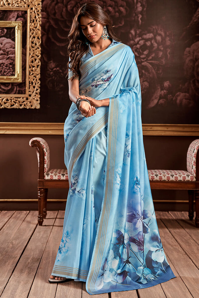 Moonstone Blue Floral Printed Silk Saree
