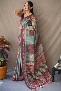 Moonstone Blue Kalamkari Printed Cotton Saree