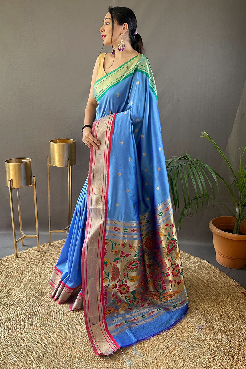 Moonstone Blue Paithani Silk Saree