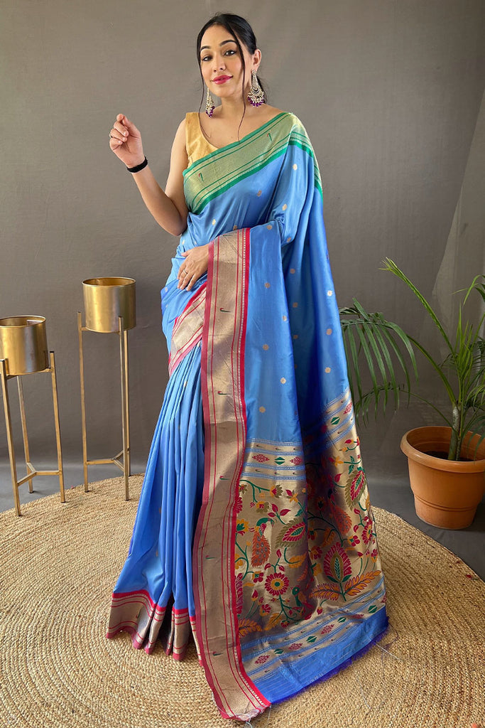 Moonstone Blue Paithani Silk Saree