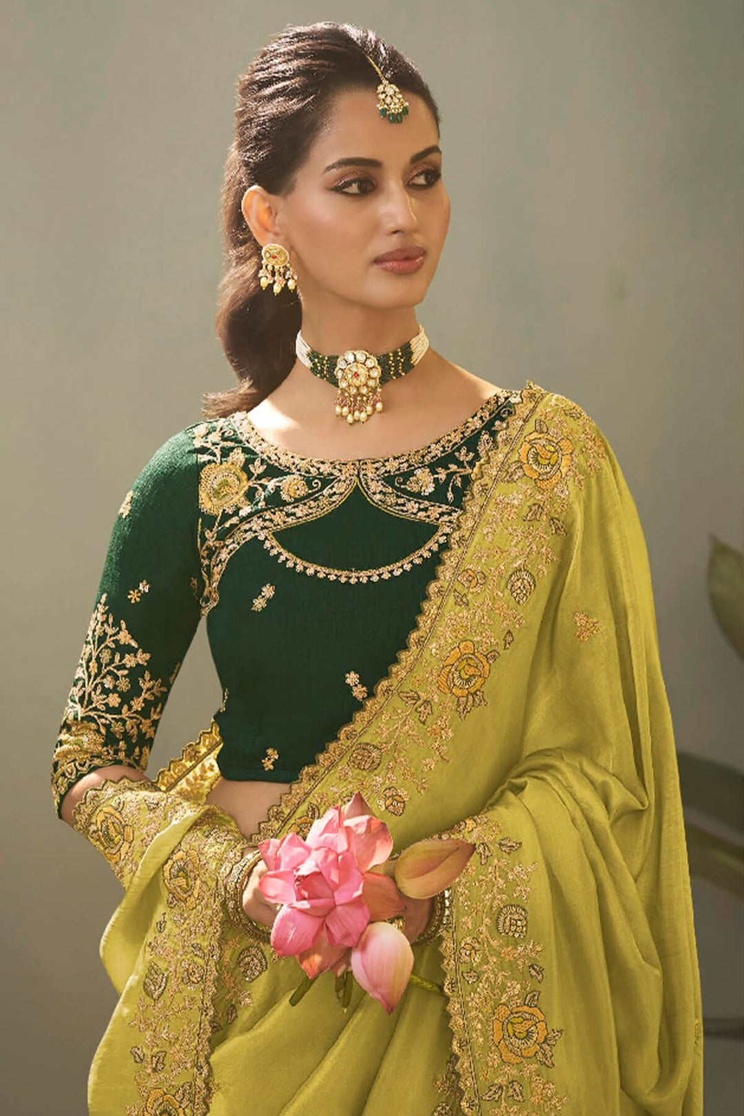 Moss Green Embroidery saree with Designer Embroidery Blouse