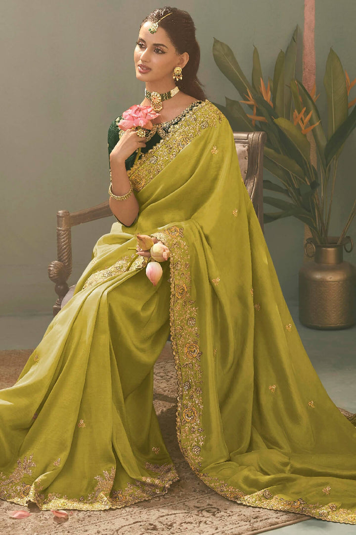 Moss Green Embroidery saree with Designer Embroidery Blouse