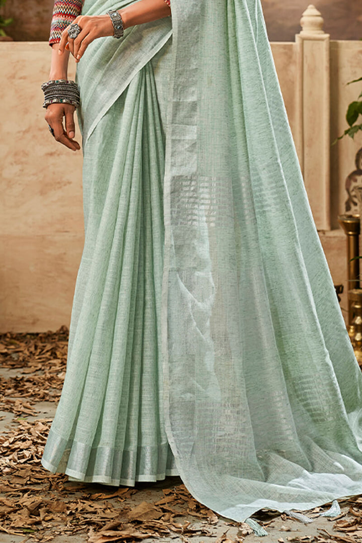 Moss Green Linen Cotton Silk Saree With Printed Blouse