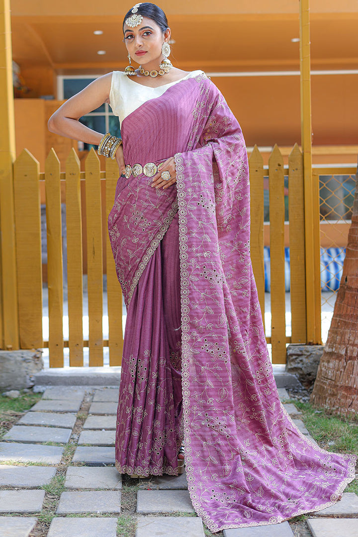 Mountbatten Pink Embroidered Work Soft Silk Saree