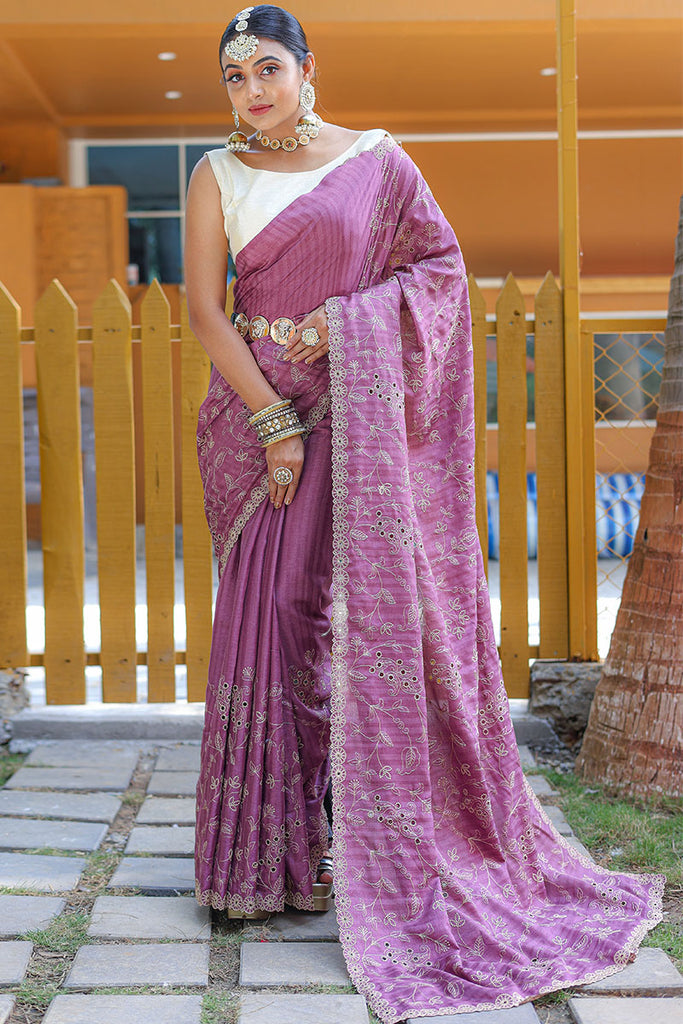 Mountbatten Pink Embroidered Work Soft Silk Saree