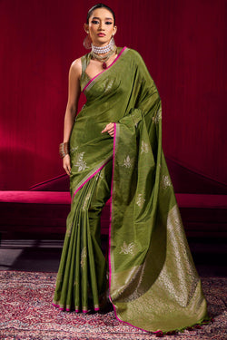 Muddy Green Banarasi satin silk saree