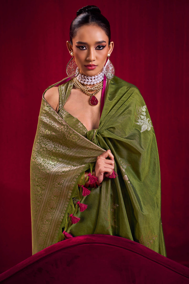 Muddy Green Banarasi satin silk saree