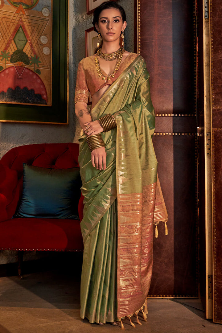 Muddy Green Handloom Banarasi Tussar Silk Saree