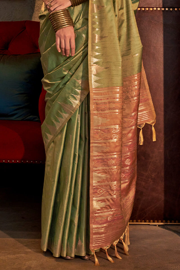 Muddy Green Handloom Banarasi Tussar Silk Saree