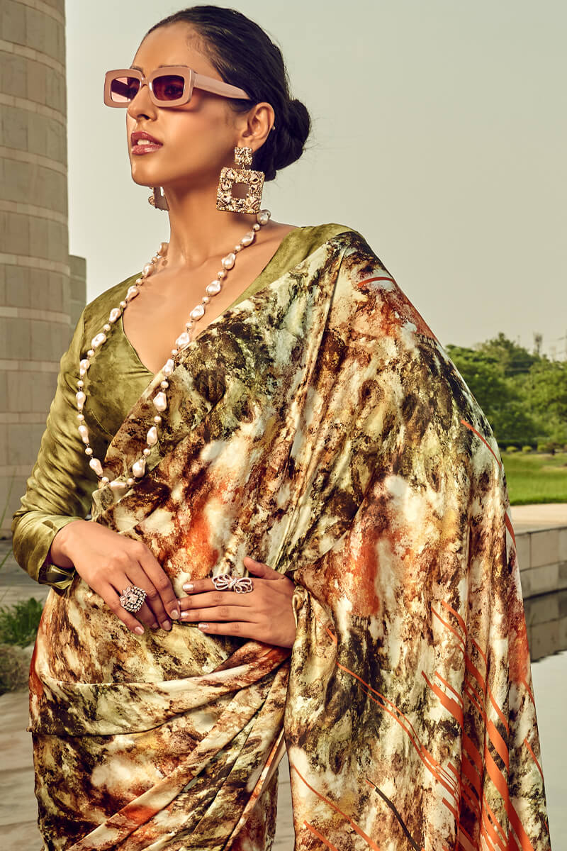 Muddy Green Printed Satin Silk Saree