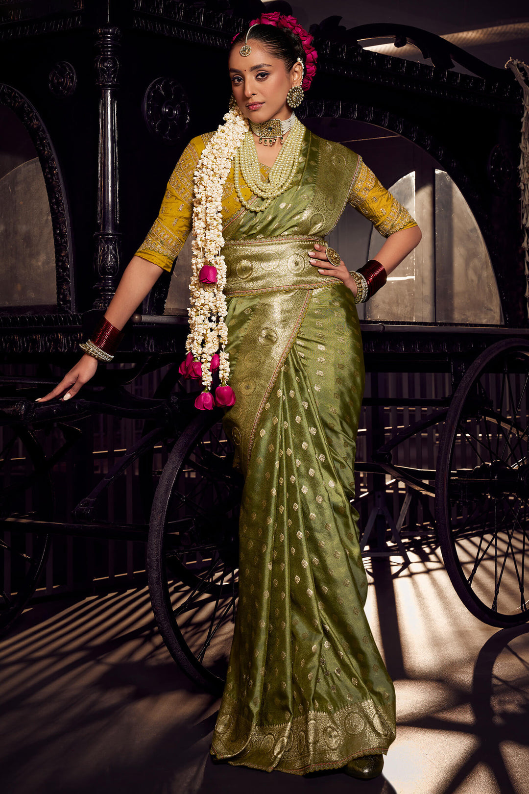 Muddy Green Pure Satin Based Fancy Silk Saree with Designer Blouse Piece