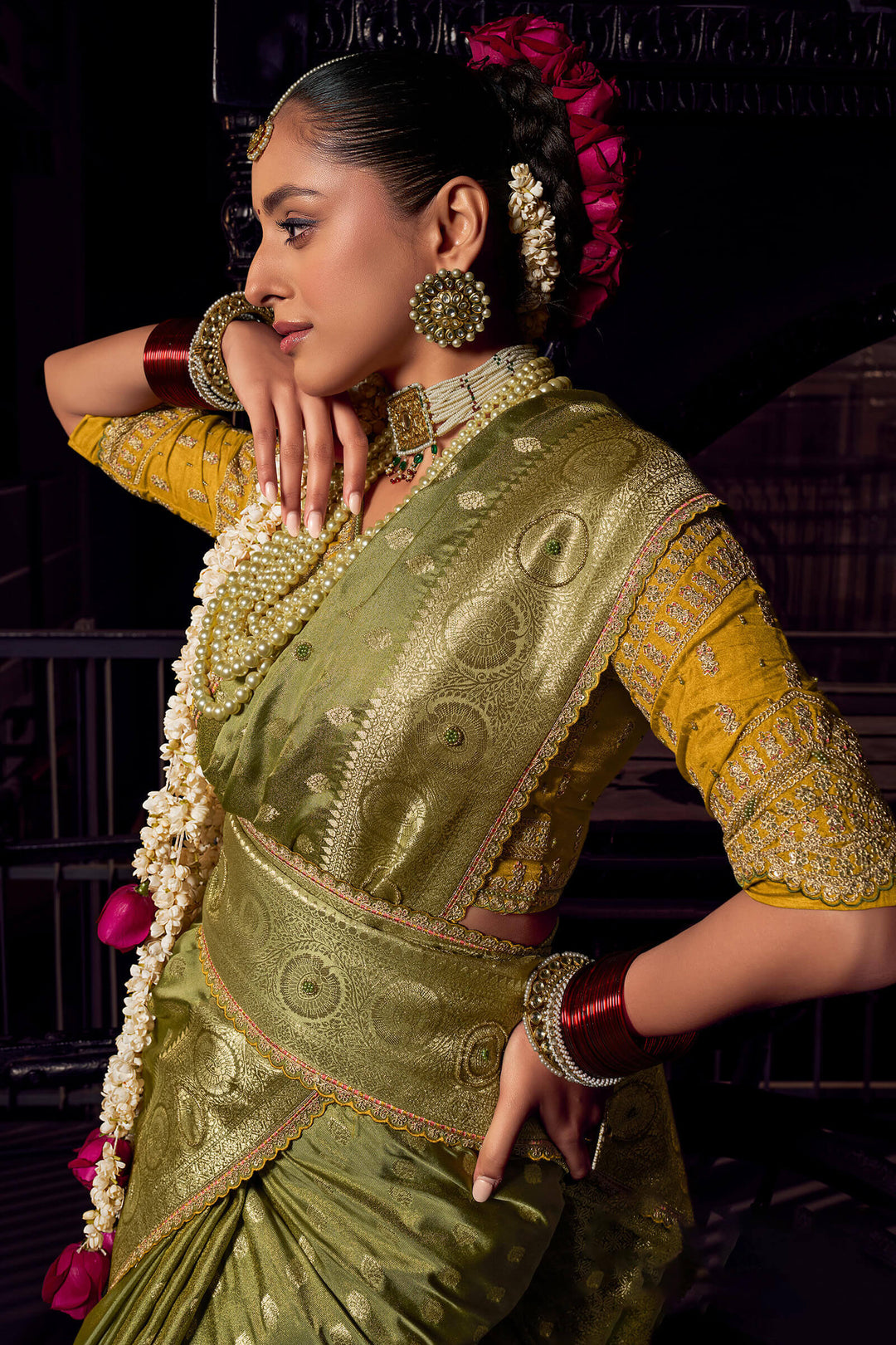 Muddy Green Pure Satin Based Fancy Silk Saree with Designer Blouse Piece