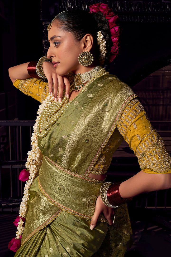 Muddy Green Pure Satin Based Fancy Silk Saree with Designer Blouse Piece