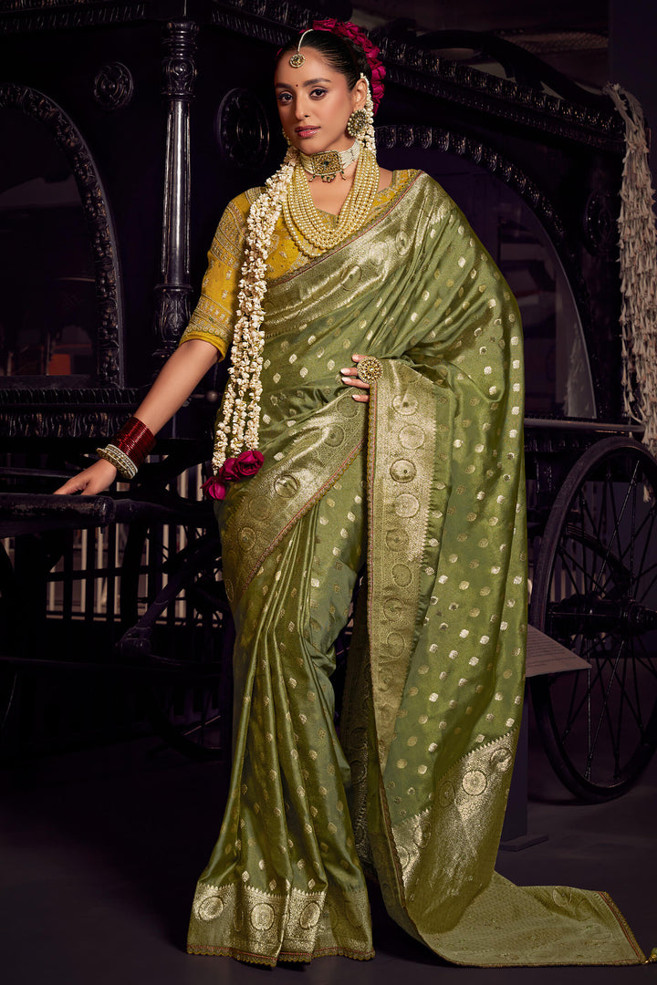 Muddy Green Pure Satin Based Fancy Silk Saree with Designer Blouse Piece