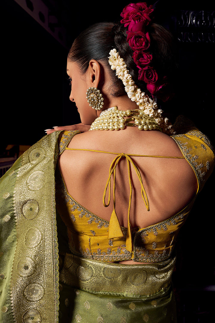 Muddy Green Pure Satin Based Fancy Silk Saree with Designer Blouse Piece