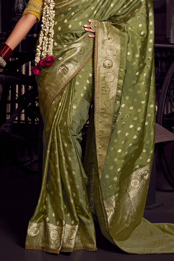 Muddy Green Pure Satin Based Fancy Silk Saree with Designer Blouse Piece