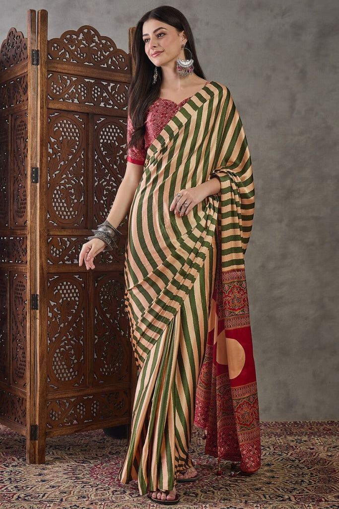 Muddy Green Stripe Ajrakh Printed Satin Silk Saree