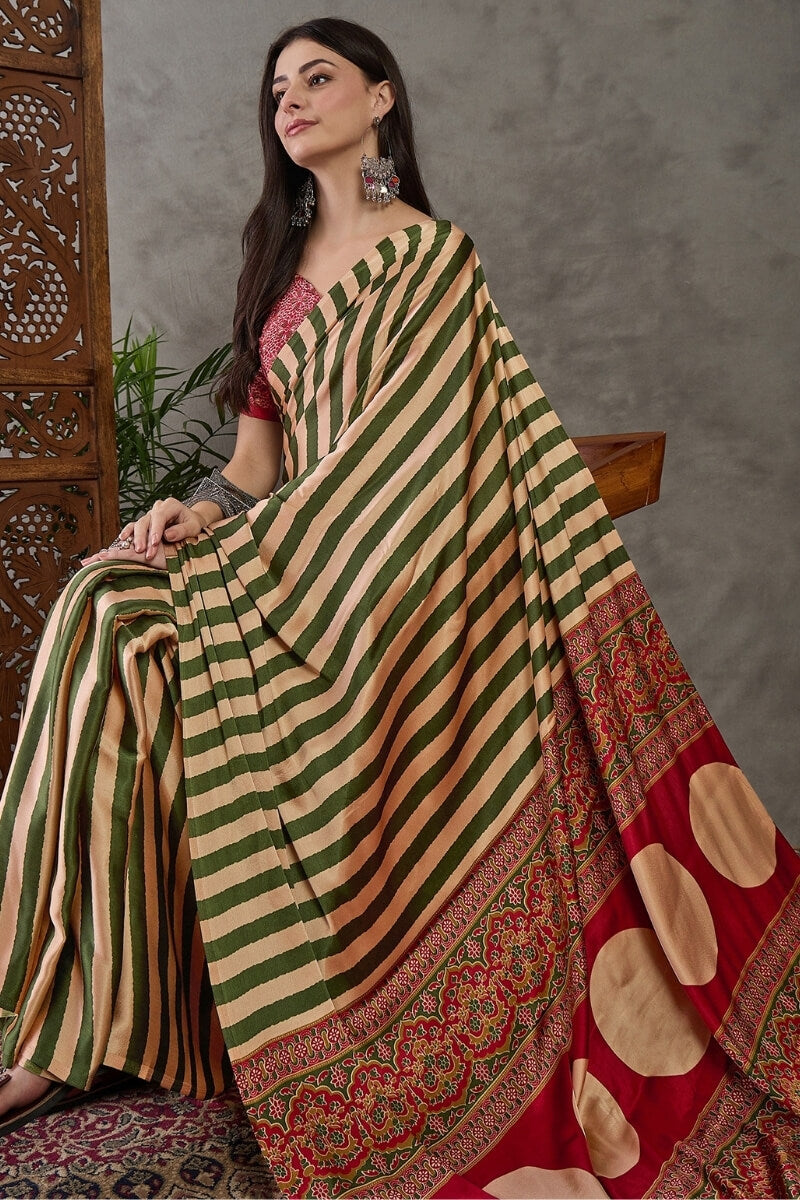 Muddy Green Stripe Ajrakh Printed Satin Silk Saree