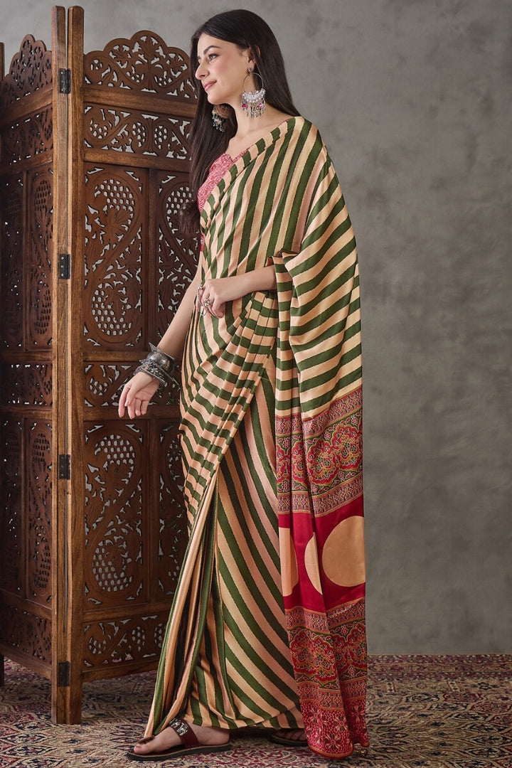 Muddy Green Stripe Ajrakh Printed Satin Silk Saree