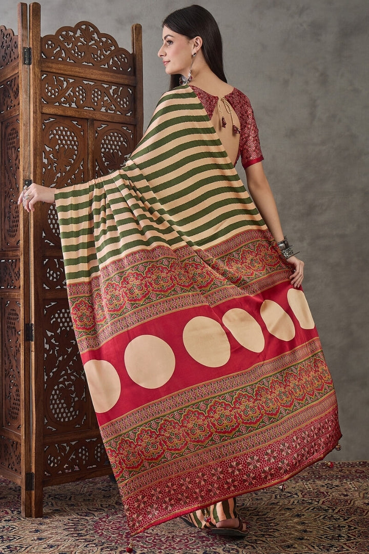 Muddy Green Stripe Ajrakh Printed Satin Silk Saree