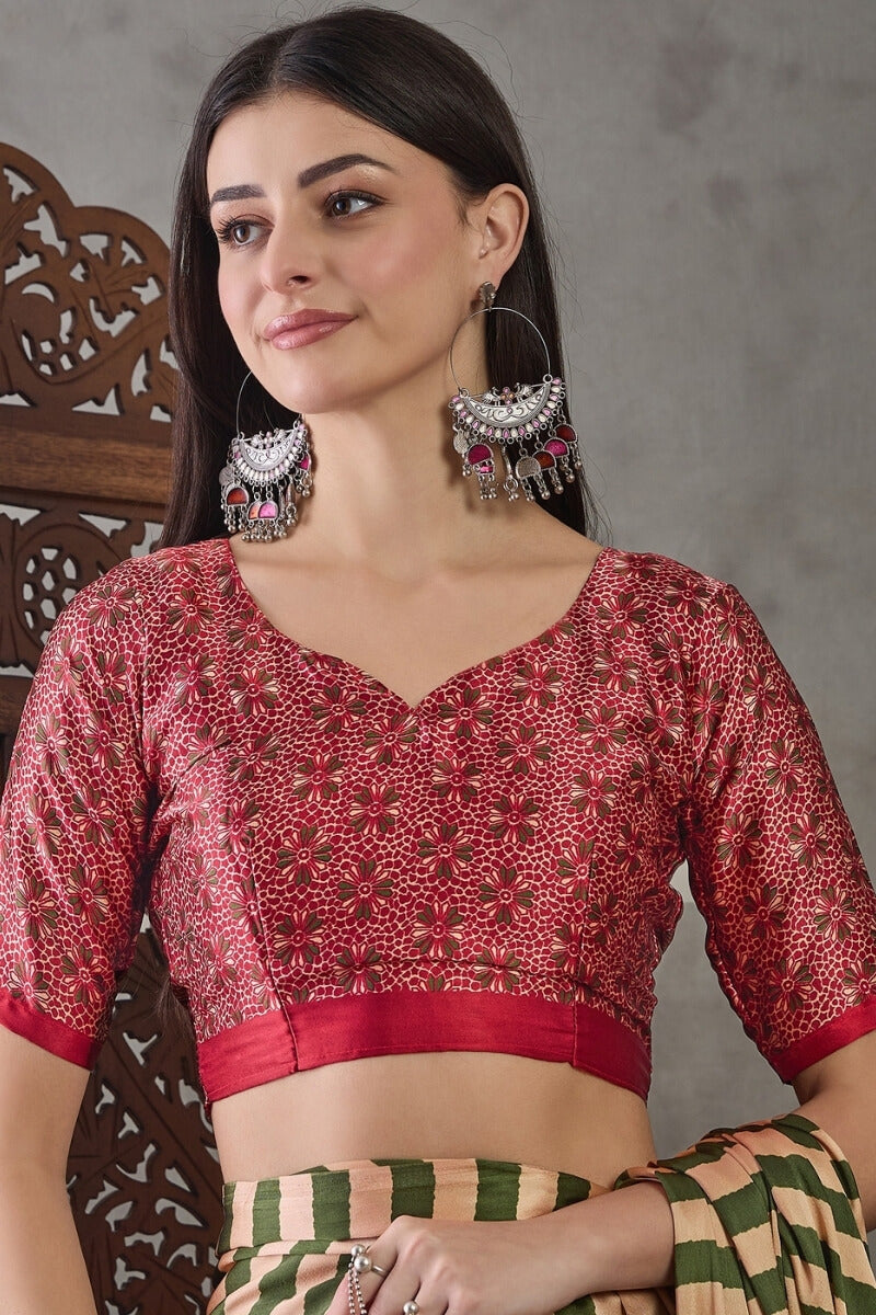 Muddy Green Stripe Ajrakh Printed Satin Silk Saree