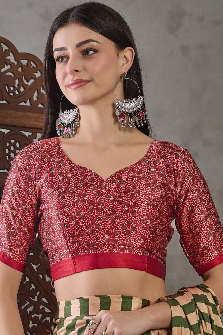 Muddy Green Stripe Ajrakh Printed Satin Silk Saree